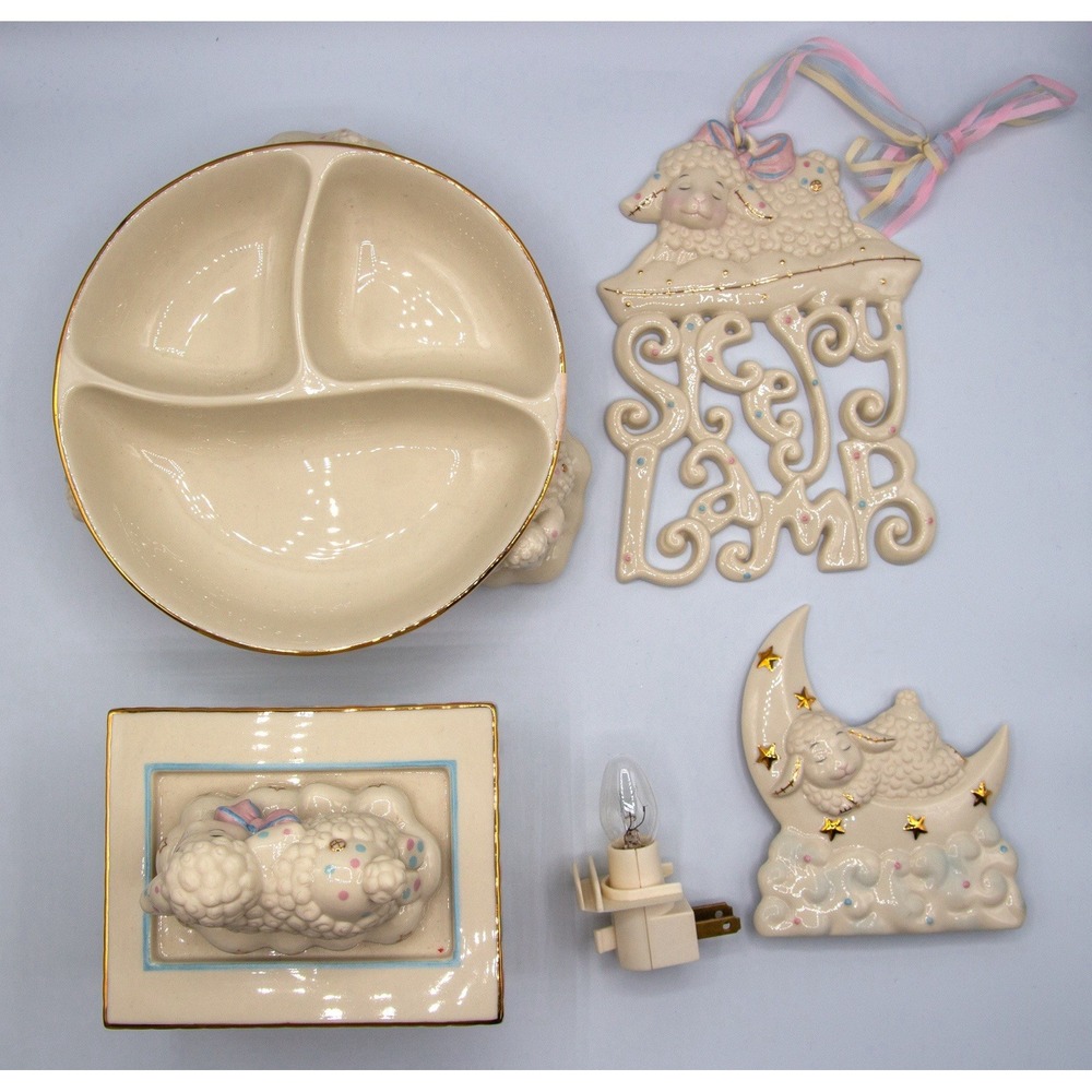 Lenox Lazy Lambs Porcelain 4-Piece Bundle Keepsake Box Night Light Plaque‎ Bowl